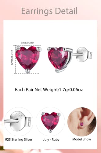Vito 925 Sterling Silver Birthstone July Stud Earrings For Women, Heart Cubic Zirconia Hypoallergenic Ruby Ear Studs Jewelry Gift For Girls Mom Wife Daughter On Birthday #TOP2