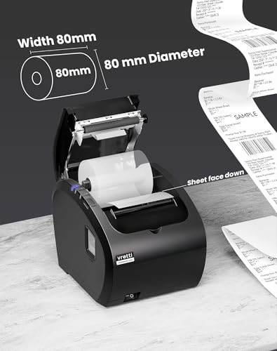 Image of vretti Thermal Receipt Printer, 3'1 /8 80mm USB POS Printer, Restaurant Kitchen Printer with Auto Cutter Support Cash Drawer,USB Serial Ethernet Interface for Windows /Mac /Linux,Do Not Square