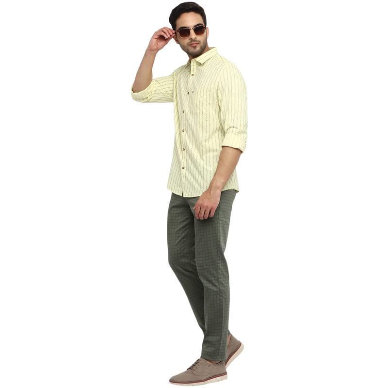 Image of Turtle Men Beige Striped Linen Slim Fit Shirts