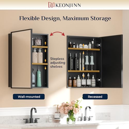Image of Keonjinn 24 inch x 26 inch Black Medicine Cabinets Mirror, Wall Mount or in Wall