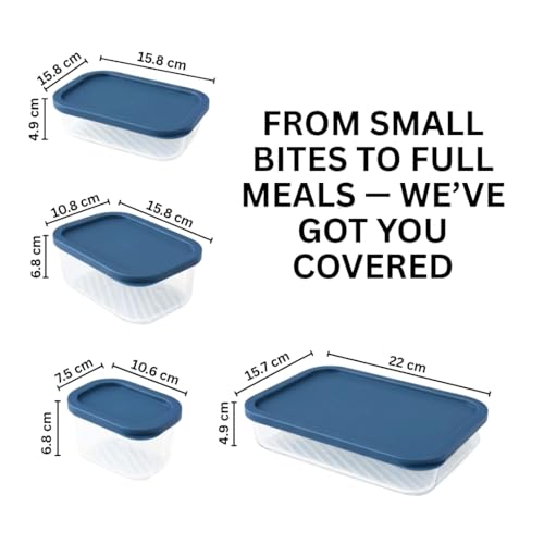Image of Femora Borosilicate Glass Food Storage Containers with Lids Set of 7 (310ml x2, 520ml x2, 750ml, 1200ml, 1700ml) | Rectangular, Airtight & Leakproof | Microwave & Dishwasher Safe | Blue