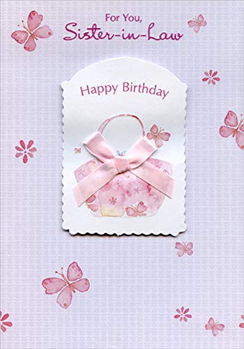 Designer Greetings Die Cut Scalloped Edge Banner with Pink Bow on Pink Purse Birthday Card for Sister-in-Law
