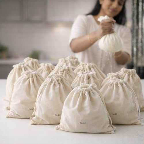 Image of Clazkit Muslin Cheese Cloth Bag - Reusable Straining & Filtering Cloth for Paneer, Juice, Nut Milk & Ice Cream, Size - 10 x 12Inches - Pack of 12