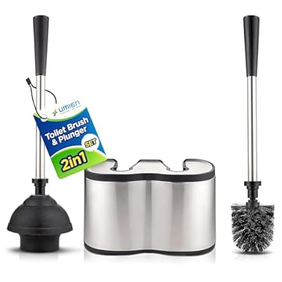 UMIEN Toilet Brush and Plunger Set 18-in - Updated 2025 No-Rust - Stainless Steel Design - Long Handles - with Freestanding Canister
