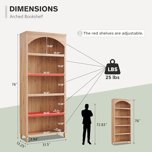 IFGET 76" Tall Arched Bookcase, Farmhouse Large Arched Bookshelf, Natural - Image 2