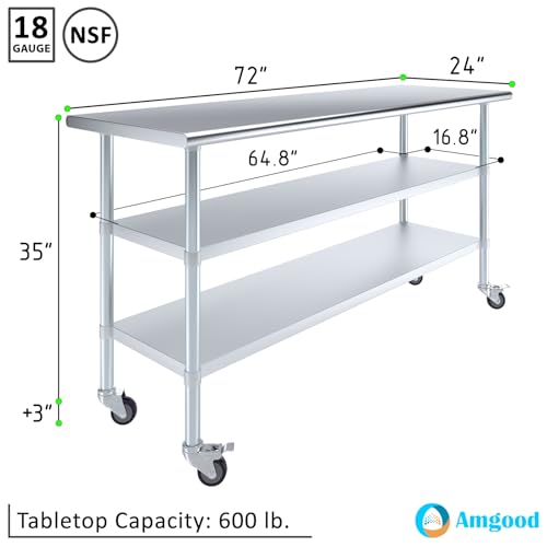 Image of AmGood Stainless Steel Work Table with 2 Shelves and Casters | Metal Utility Table On Wheels (Stainless Steel Work Table with 2 Shelves + Casters, 72 inch Long x 24 inch Deep)