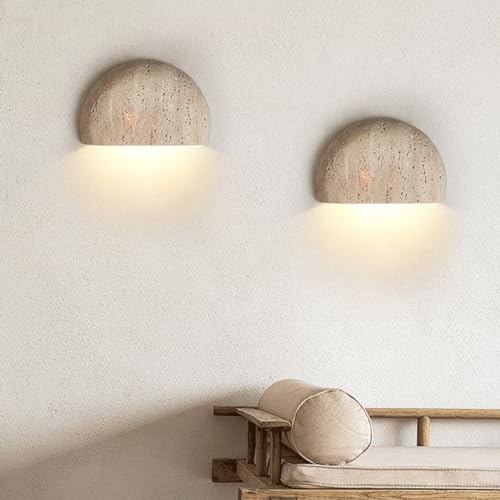 Image of Semi Circle Yellow Travertine Wall Lamp Japanese Style Wabi-Sabi Art Lighting Fixture Half Moon Marble Wall Sconce Natural Stone Bedside Wall Light For Foyer Bedroom Stairs
