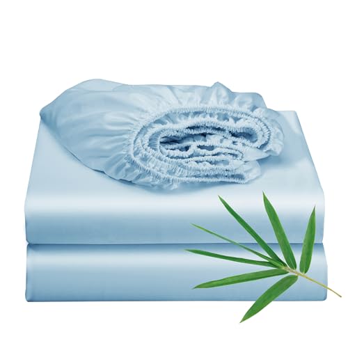 2 Pack Bamboo Viscose Cooling Fitted Sheet Twin Size Only, 400 Thread Count, 16" Deep Pocket Cooling Bottom Sheets for Hot Sleeper, Silky Soft Breathable (Twin, Sky Blue