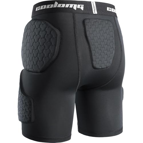 COOLOMG Youth Kids Football Girdle Shorts with Cup Pocket 5 Built in Pads Hip,Thigh,Tailbone Padded Shorts for Football Rugby Softball Black XL