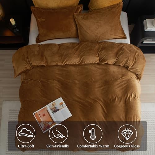 Phf Super Soft Velvet Duvet Cover Queen Size, 3Pcs Luxurious Breathable Velour Fluffy Comforter Cover With 8 Ties, Cozy Flannel Duvet Cover With Pillow Shams, Zipper Closure, 90"X90", Camel thumb #2