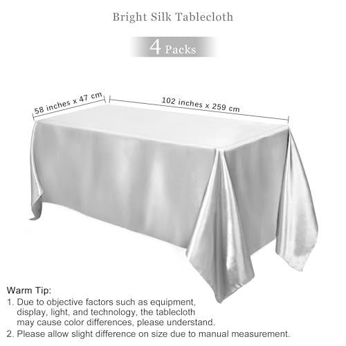 Image of TURSTIN 4 Pack Silver Satin Tablecloth 102 x 58 Inch Overlay Table Cover