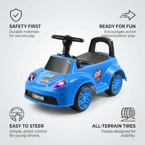 Image of Kids Ride On Blue Car for Toddlers with Steering Wheel & Backrest | Foot to Floor Baby Push Car | Indoor Outdoor | Strong Wheels & Comfortable Seat | Racing Design for Boys & Girls (1-3 Years)