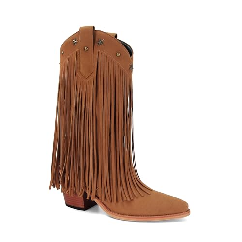 Fringe Cowboy Boots for Women Pull on Mid Calf Cowgirl Boots with Star Studded Pointed Toe and Chunky Heel Western Boots