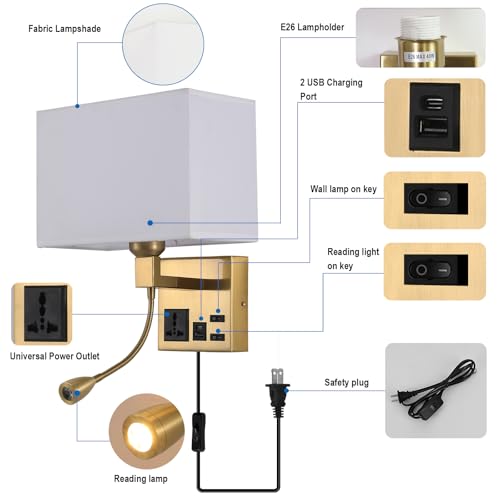 Image of Wall Lamp for Bedroom Living Room Office Hotel, Plug in Wall Sconce with AC Outlet & USB Charging Port, Wall Mount Reading Light 360Adjustable, Gold Headboard Lamp With 3 Color Temperature