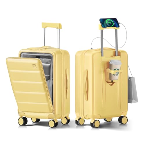 20 IN Carry On Luggage 22x14x9 Airline Approved - Front Pocket Hardside Travel Suitcase Unbreakable -with Cup Holder,Charging Port,Side Pothook, 360°Spinner Wheels, TSA Lock-Yellow