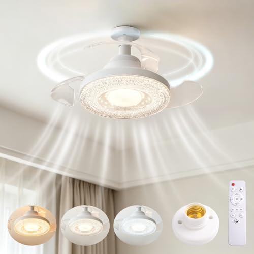 YYSWSAKY Ventilatore da Soffitto con Luce, 40CM Piccoli Lampadario con Ventilatore da Soffitto, Pale a Scomparsa, Base E27, 4 Velocità, Silenziosa, Telecomando, per Soggiorno Lamera da Letto (A)