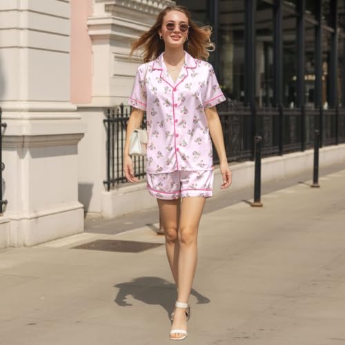 Image of Women's Silky Satin Pajama Set, Cute Lightweight Short Sleepwear for Ladies