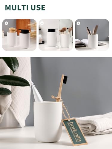 Image of Bosilunlife Soap Dispenser and Toothbrush Holder Set - 11Oz Dish Hand Soap Dispenser Pump Ceramic Bathroom Counter Soap Toothbrush Holder Set White Bathroom Accessories Set