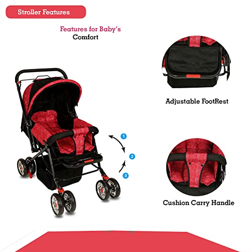 Image of Pop Pop Baby Pram & Stroller with Reversible Handle, Mosquito Net, Mother Bag, Multiple Reclining and Wheels with Brake (Red)