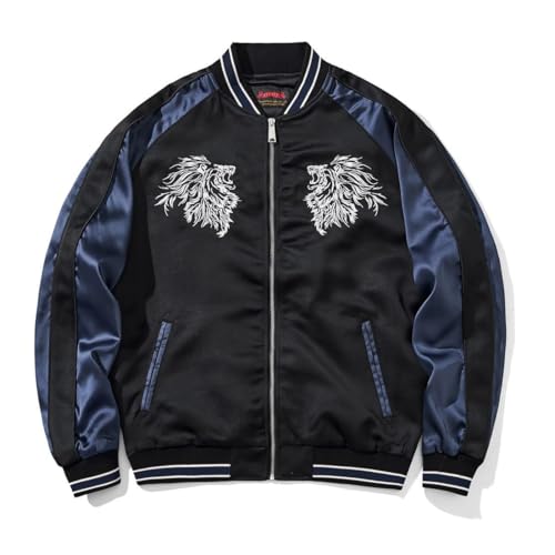 Japanese Lion Embroidery Mens Bomber Jacket Vintage Hip Hop Streetwear Satin Zip Up Long Sleeve Windbreaker2