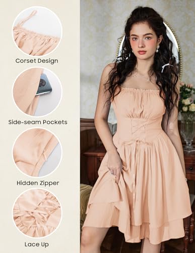 Image of Scarlet Darkness Corset Mini Sundress Chiffon Homecoming Dress for Women | Slim Straps, Ruched Neckline, Lace-Up Front, Layered A-Line, for Graduation Cocktail Party, Fairy Costume with Pockets