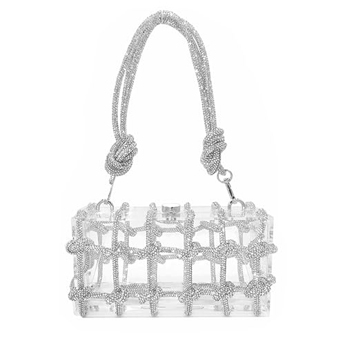 Image of DJBM Clear Acrylic Clutch Sparkle Rhinestone Evening Bag Glitter Crystal-Embellished Rope Knot Handbag Purse for Party Prom