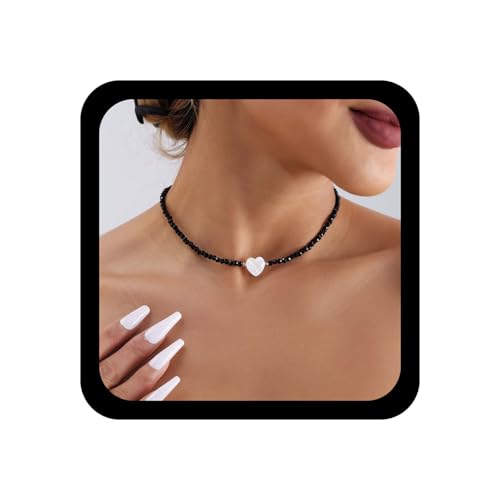 Wendalern Collier Ras Du Cou En Perles D'onyx Noir Collier Chaîne En Perles De Cristal Collier Coeur En Nacre Collier Collier En Perles De Spinelle Vintage Bijoux De Soirée Pour Femmes Et Filles