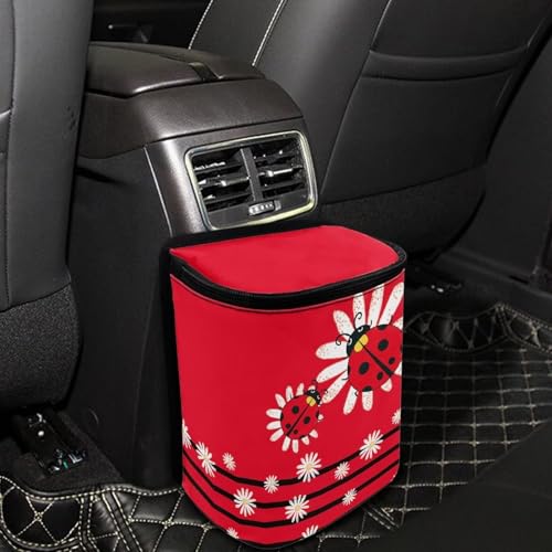 Image of KEIAHUAN Red Ladybug Daisy Hanging Car Trash Can for Back Seat Cute Trash Bag Collapsible and Portable Garbage Bin Large Capacity Automotive Garbage Cans