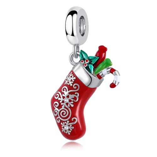 QeenseKc Christmas Stocking Snowflake Dangle Charm Colorful Enamel Bead Compatible with Pandora Bracelet Women Xmas Gift