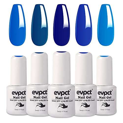 evpct Blue Gel Nail Polish 5Pcs Set Quick Dry Glossy Dark Blue Navy blue Deep blue Royal cobalt blue Sky blue Shades Soak off UV LED Cured Gel Nail Polish Kit for Women pinturas de gel para uñas B