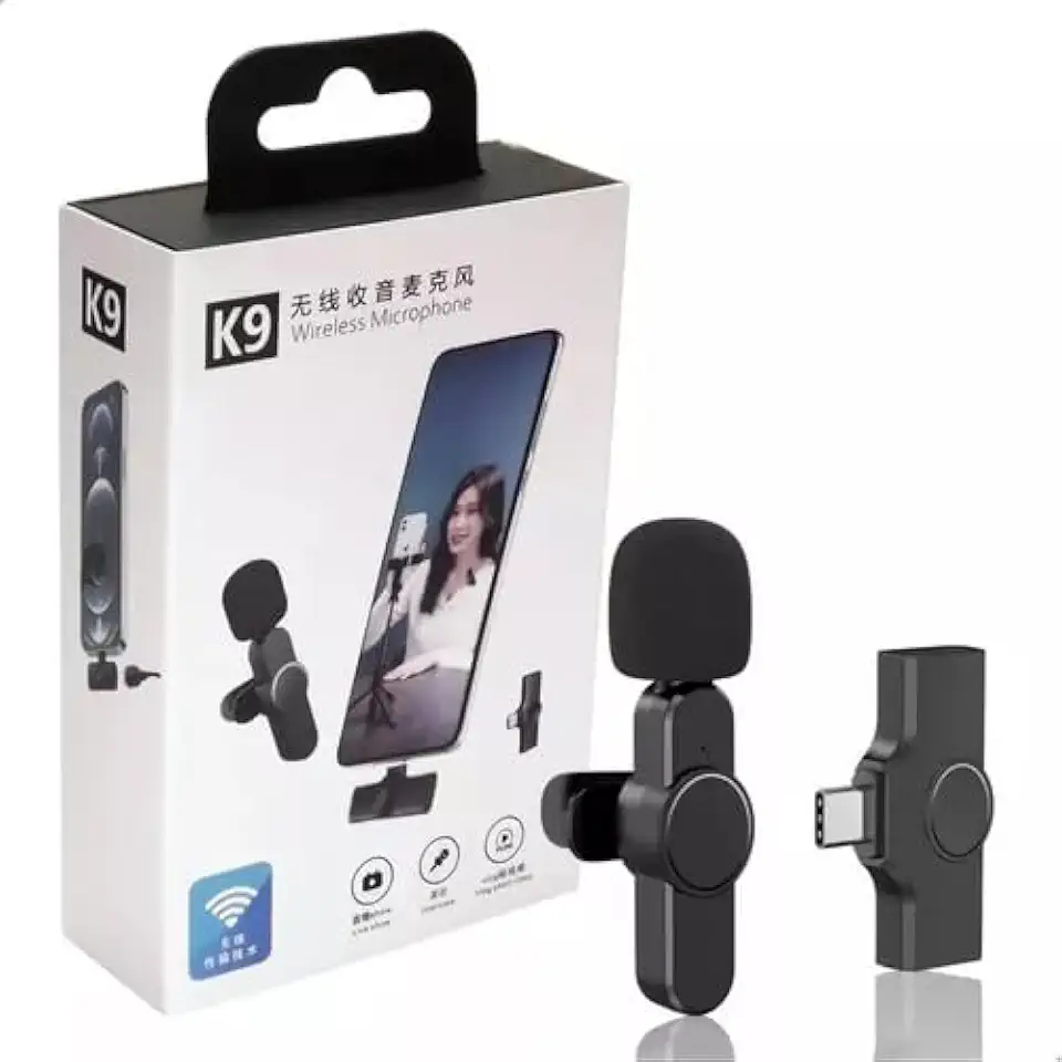 Microfone K9 Sem Fio, Compatível com IOS, com Espuma Protetora, Preto