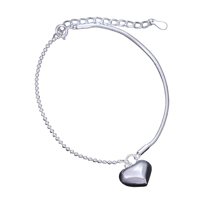 Pulsera Plata，Pulsera Con Colgante De Corazón Y Cuentas Redondas De Hueso De Cadena Fina De Serpiente De Plata S925 De Alta Gama Con Cierre De Resorte Ajustable, Joyería Energética Para Mu