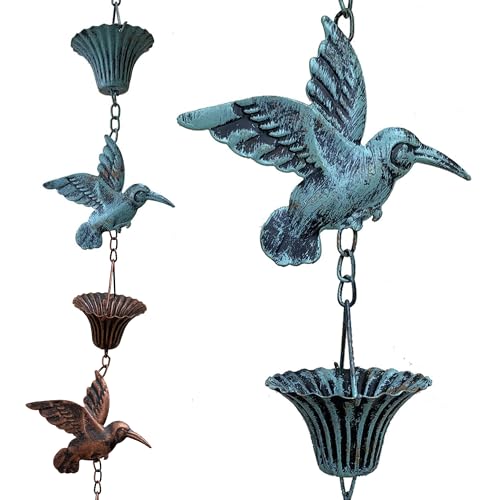 Bird Rain Catcher Chain, 11.81ft Metal Hummingbird Rain Chain Bell, Outside Decorative Downspout Chain Rainwater, Cup Wind Chime Outdoor Gutter Rainchain Decor for Terraces, Villas, Courtyards