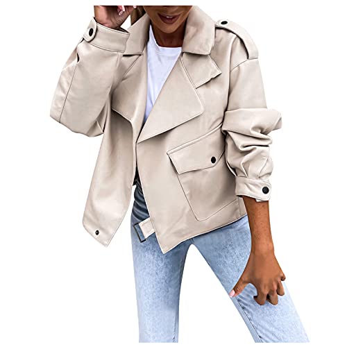 Lederjacke für Damen, Herbst/Winter, Ledermantel, Langarm, Schnürung, kurze Knöpfe, Damen-Motorradjacke, Lederjacke für den Winter., beige, XXL Cover