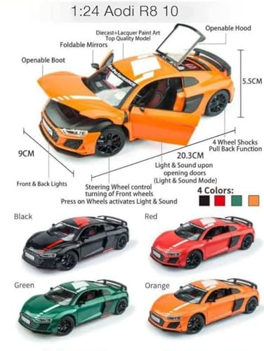 Image of Scale Exclusive Alloy Metal Pull Back | Die-cast Car Model with Sound Light Mini Auto Toy for Kids Metal Model Toy Car with Sound and Light (1.24 Scale -DC AODI R8 V10-ORANGE)