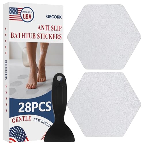 Gecork 28 PCS Shower Floor Non Slip Stickers with Strong Adhesive, Invisible & Durable Anti Slip Shower Stickers with Scraper for Bath Tub, Pools and Stairs(Clear,Hexagon)