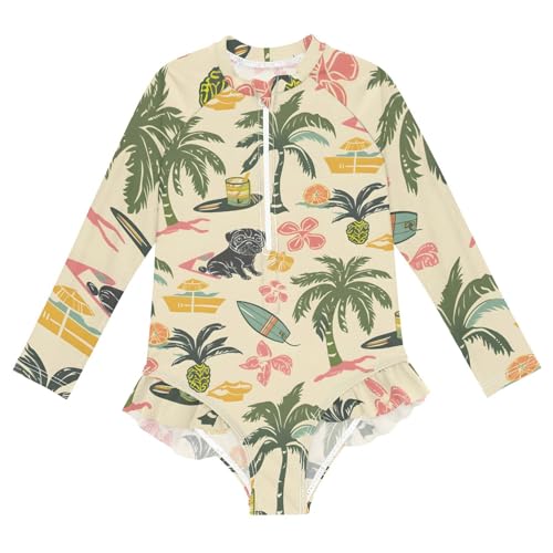 Girls One Piece Swimsuits Long Sleeve Swimsuit Zipper Bathing Suits Black Pug Palm Tree Plant