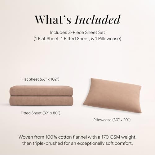 Image of Tribeca Living Triple Brushed Soft Cotton Flannel Sheets Set, Twin XL Size 170-GSM Weight Extra Deep Pocket Sheet in Solid Cashmere Color