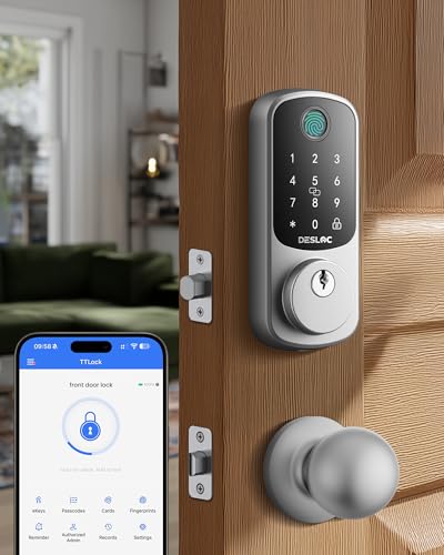 Image of DESLOC B200 Fingerprint Smart Lock with 2 Knobs, Keyless Entry Front Door Lock Set, Electronic Keypad Deadbolt, App Control, Auto Lock, Long Battery Life,Silver