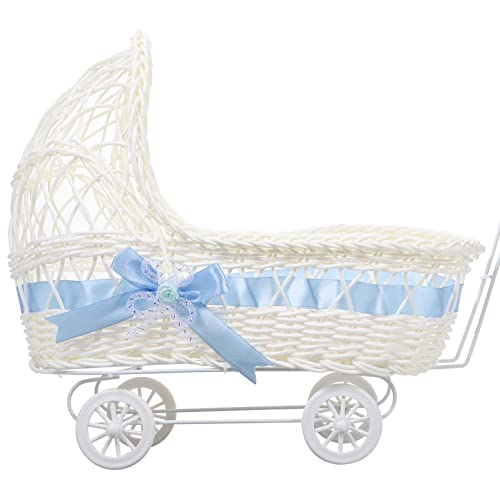 Zerodeko Carriage Centerpiece 1PC Mini Baby Stroller for Dolls, Candy Container Basket Desktop, Wedding Rattan Woven Flower Basket Decoration, Imitation Toys Doll Stroller Pretend Play Toy, Sky-Blue
