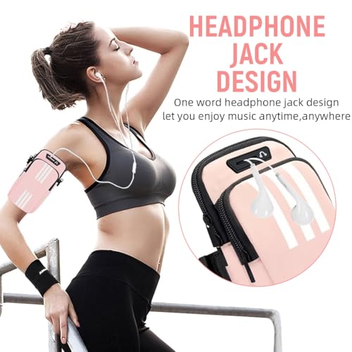Image of Proberos Running Armband Phone Pouch for 7'' Smartphones, Waterproof, PU Double Layer Zip Bag, Adjustable Arm Band with Reflective Strip & Earphone Hole, Phone Holder for Men Women, Pink