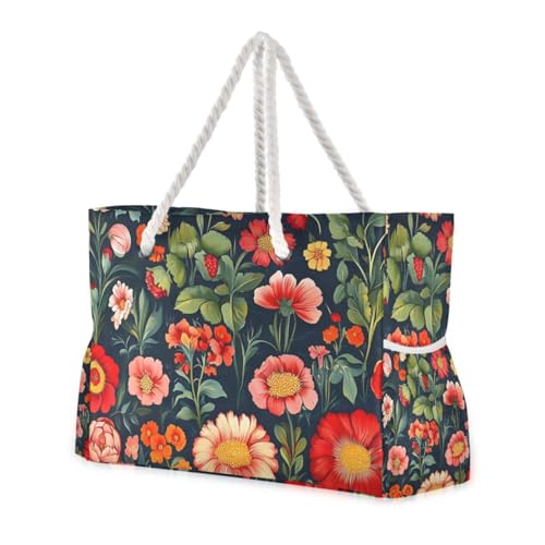Colorful Flower Black Beach Bag for Women Large Beach Tote Bag with Zipper for Travel Vacation2