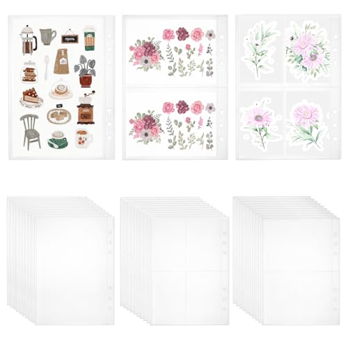 30 Sheets A5 Binder Sleeves, 1/2/4 Pocket Clear Binder Sleeves Protectors Double Sided Plastic Sleeve for Binders Card Sticker Storage Organizer Inserts for 6 Ring A5 Binders