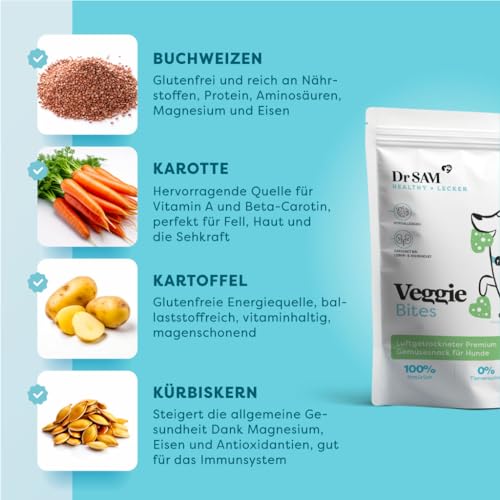 Dr. SAM Premium Snacks für Hunde - Veggie Bites mit Buchweizen, Karotten und Spirulina - hypoallergene vegetarische Gemüse Leckerlis ideal bei Nieren-& Leberdiät - glutenfrei - Treat for Dogs - 200g