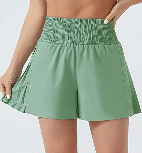 The Gym People Women's High Waist Workout Shorts Side Pleated Athletic Running Shorts With Mesh Liner Zip Pocket Jasmine Green #TOP1