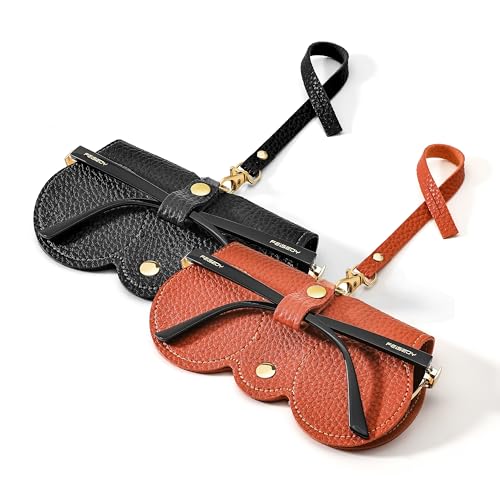 Image of FEISEDY 2Pack Soft Leather Sunglass Bag, Portable Holder Eyeglasses Case | Lightweight Portable Design, With Button Clip Wrist Strap for Travel Daily Use B0049