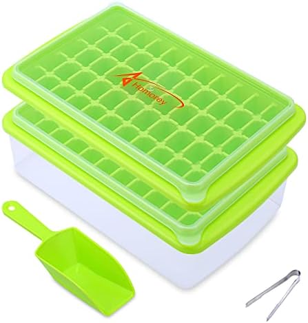 Homorey Ice Cube Trays For Freezer with Spill-Resistant Removeable lid - BPA Free & Dishwasher Safe Ice Cube Molds with Ice Cube Bin, Ice Scooper & Ice Tong - Odourless Ice trays - Pack of 2 (Green)