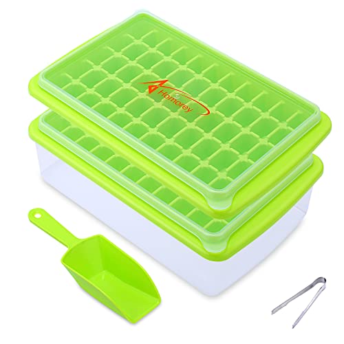 Homorey Ice Cube Trays For Freezer With Spill-Resistant Removeable Lid - Bpa Free & Dishwasher Safe Ice Cube Molds With Ice Cube Bin, Ice Scooper & Ice Tong - Odourless Ice Trays - Pack Of 2 (Green) #TOP23