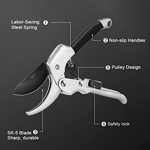 Image of Steel Blade Sharp Anvil Garden Scissors Hedge Pruning Shears, Silver & Black