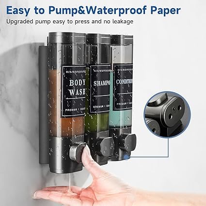 Image of Wall-Mounted 3-Chamber Shower Dispenser - Shampoo, Conditioner & Body Wash Holder - Refillable, Leak-Proof Bottles - Ideal for Bathroom, Hotel & Spa Use